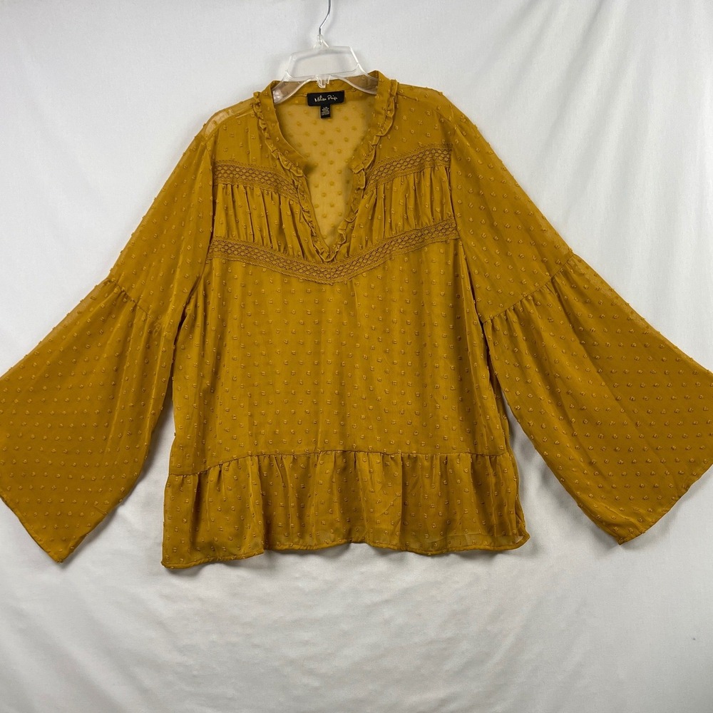 Melissa Paige Blouse Women L Mustard Yellow Swiss Dot Bell Sleeve Lace Boho Top